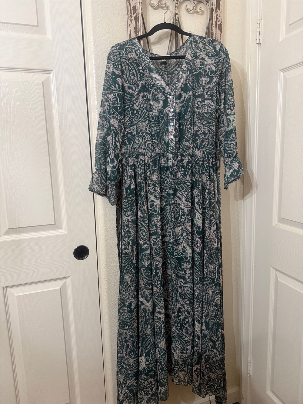 Paisley Button-Front Maxi Dress in Teal Green